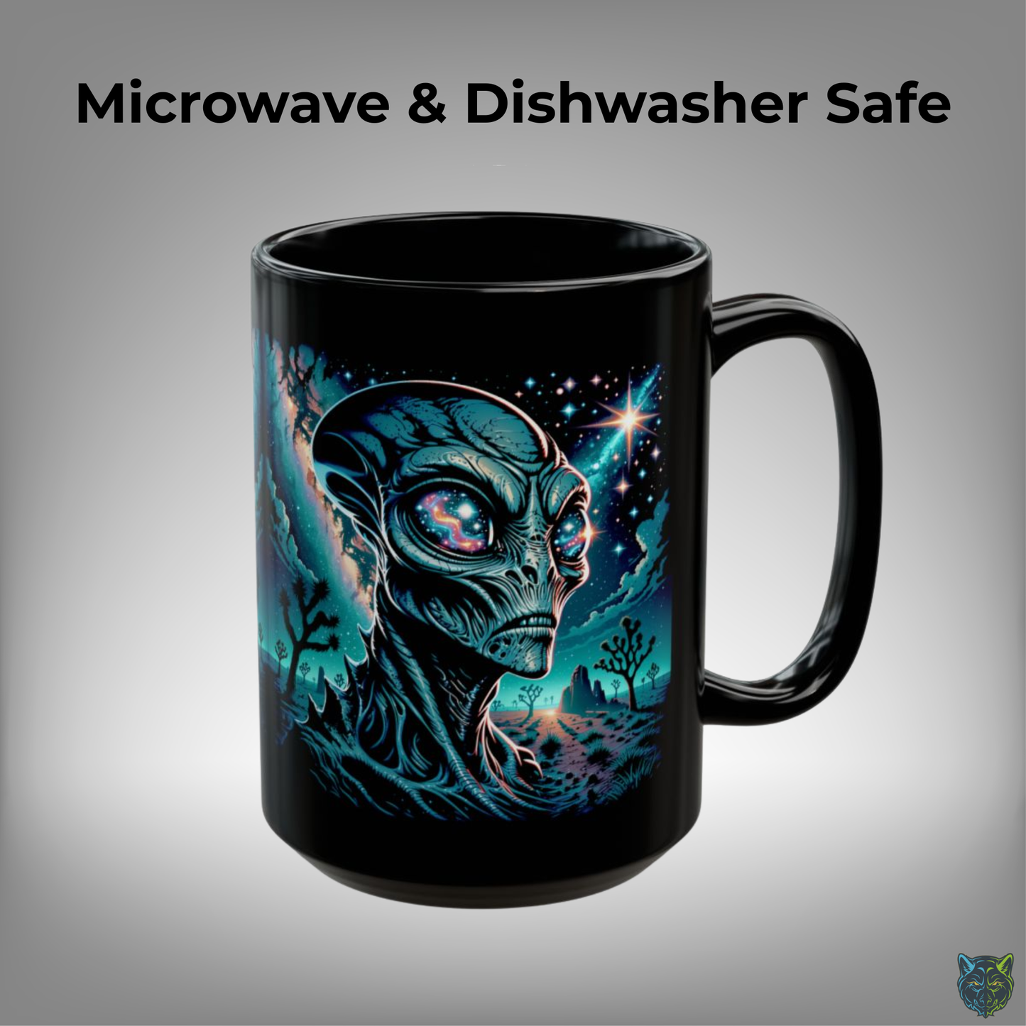 Alien Coffee Mug Cosmic Alien Head Design Black Ceramic 15oz Sci Fi Gift by Lair Gadgets