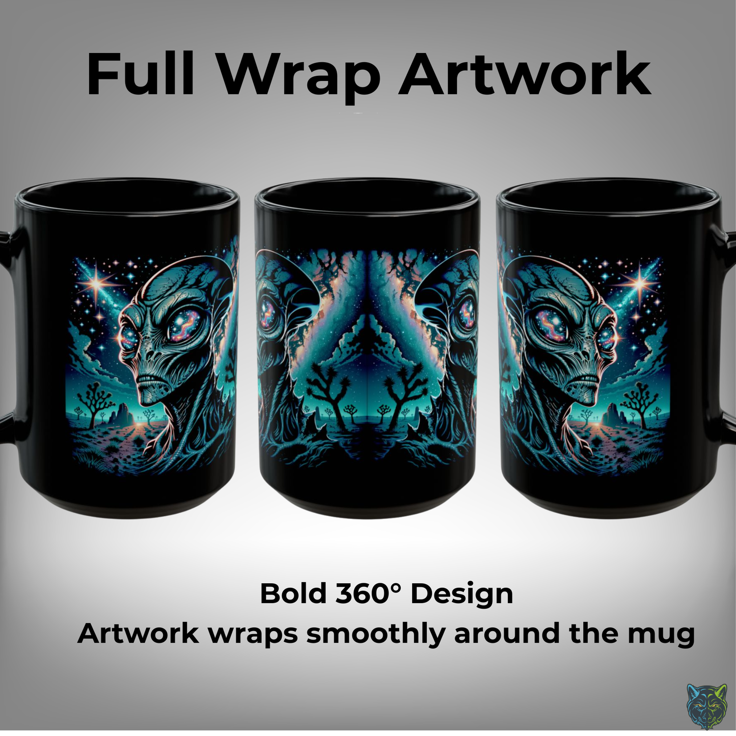 Alien Coffee Mug Cosmic Alien Head Design Black Ceramic 15oz Sci Fi Gift by Lair Gadgets