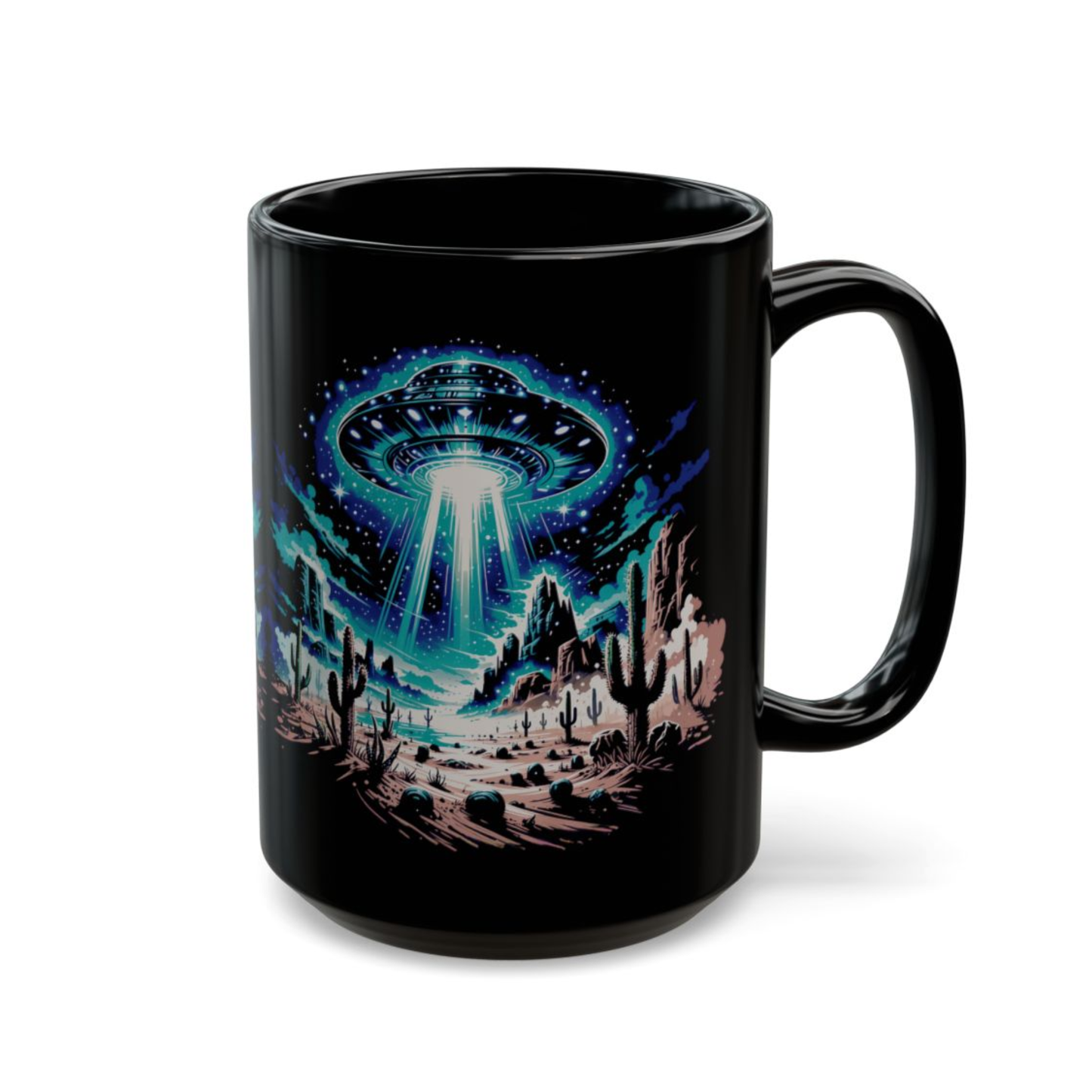 UFO Coffee Mug Alien Spaceship Desert Design Black Ceramic 15oz Sci Fi Gift by Lair Gadgets
