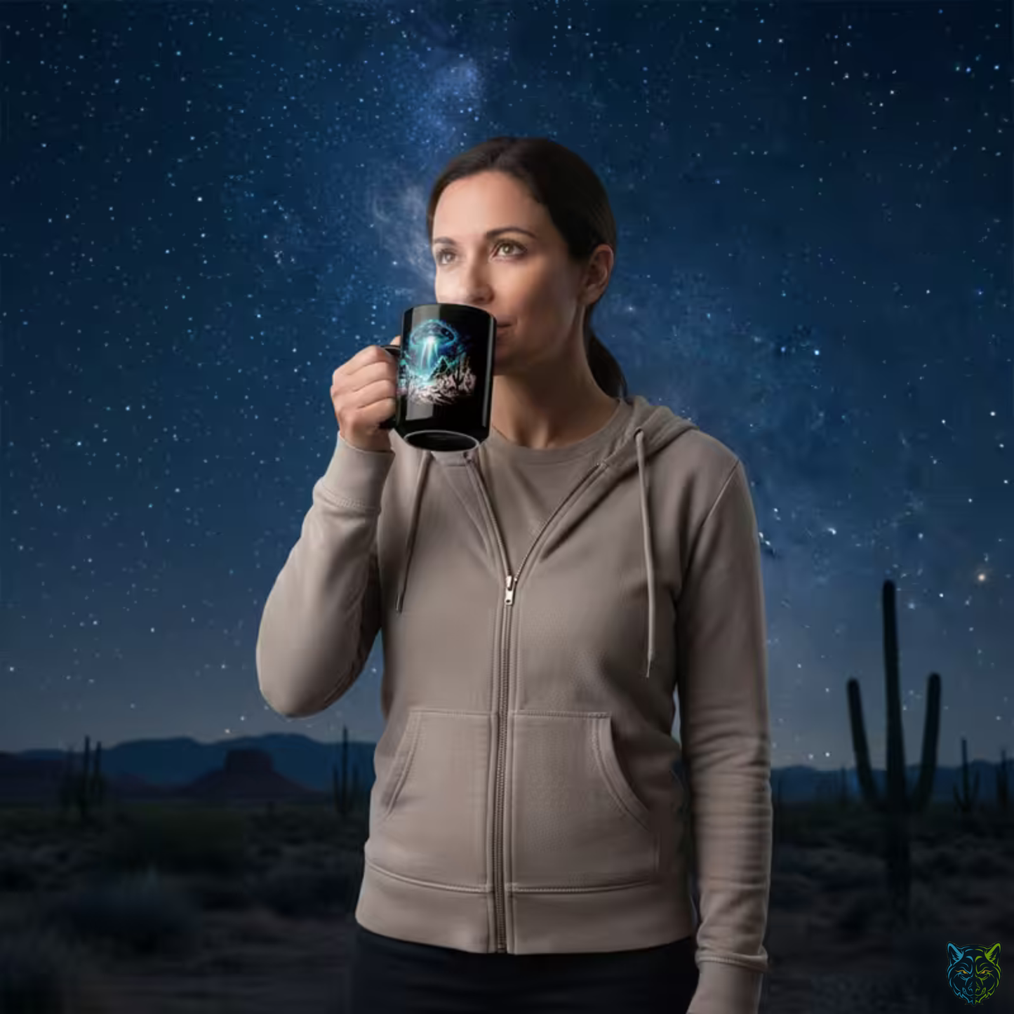 UFO Coffee Mug Alien Spaceship Desert Design Black Ceramic 15oz Sci Fi Gift by Lair Gadgets