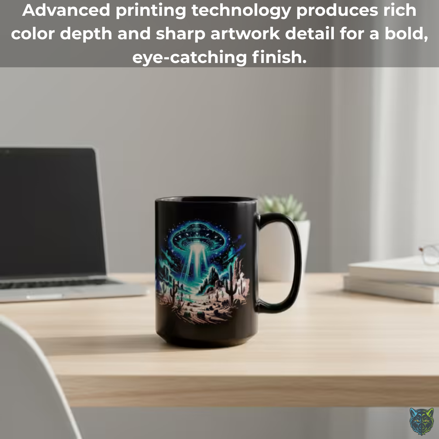 UFO Coffee Mug Alien Spaceship Desert Design Black Ceramic 15oz Sci Fi Gift by Lair Gadgets