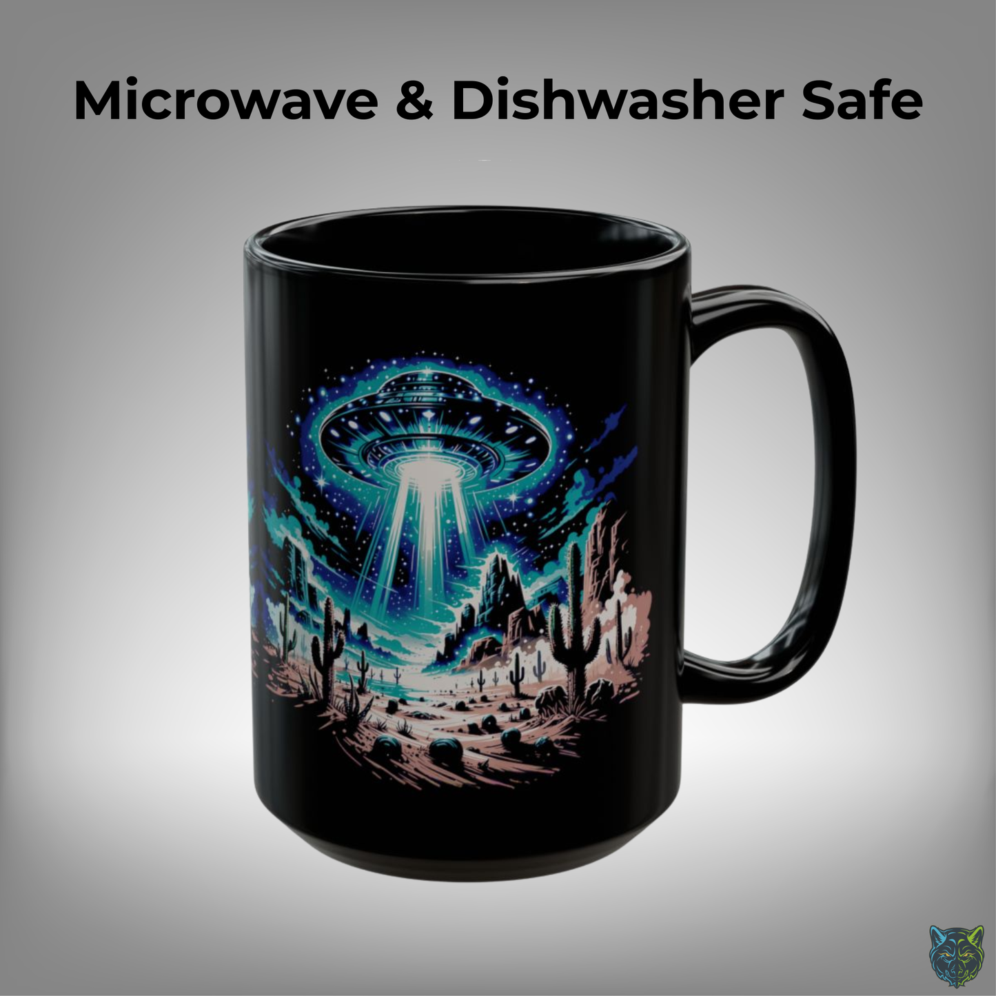 UFO Coffee Mug Alien Spaceship Desert Design Black Ceramic 15oz Sci Fi Gift by Lair Gadgets