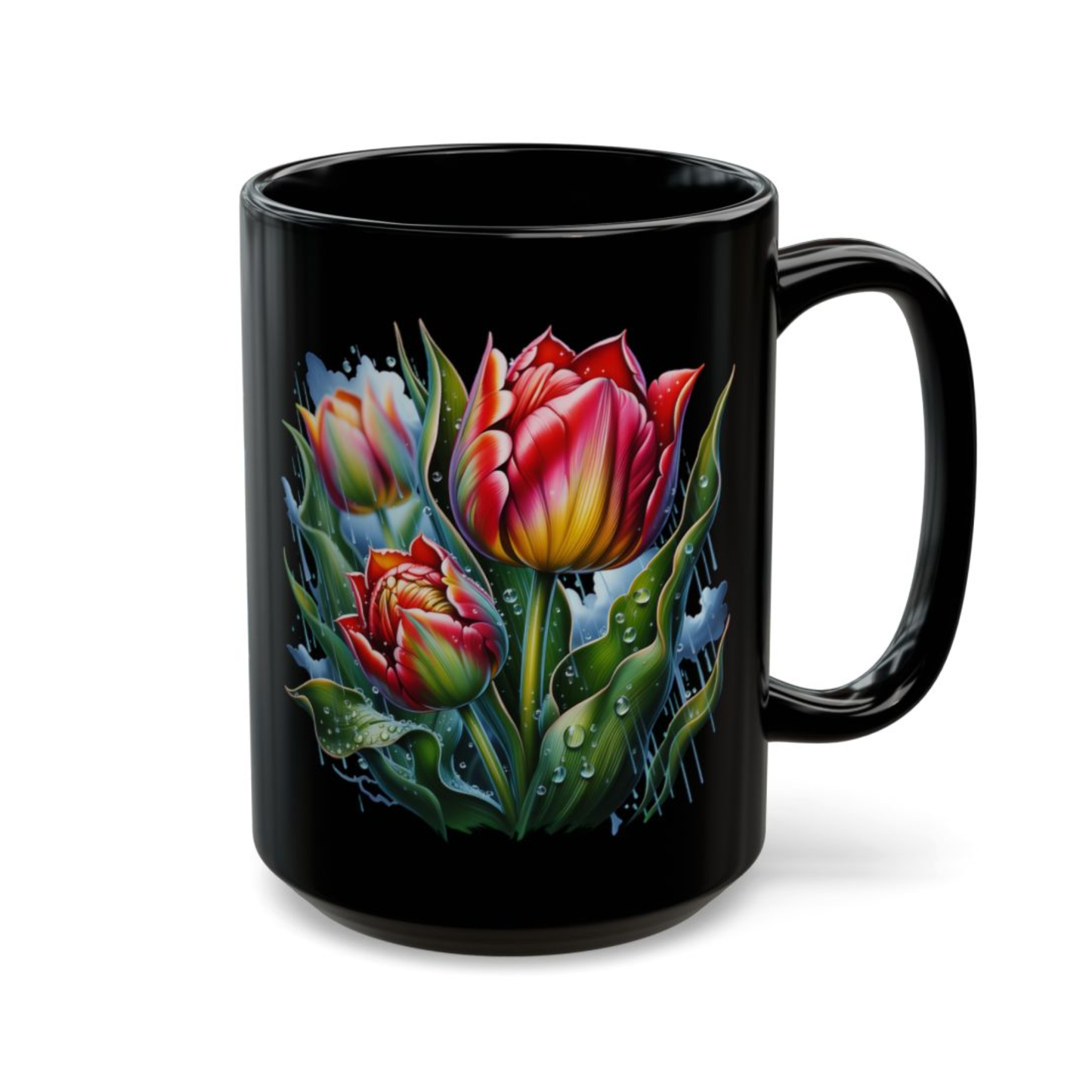 Tulip Coffee Mug Colorful Flower Design Black Ceramic 15oz Spring Floral Gift by Lair Gadgets