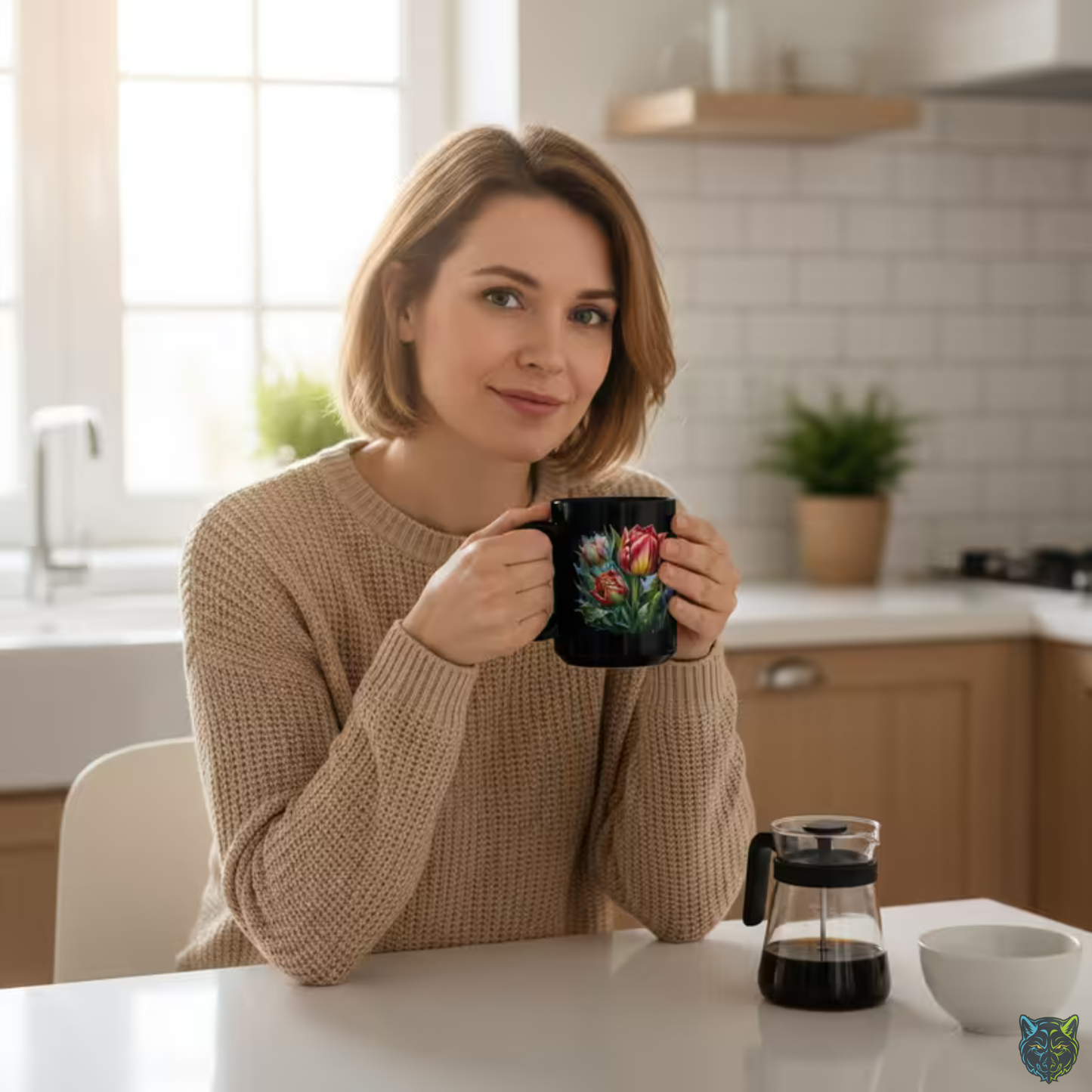 Tulip Coffee Mug Colorful Flower Design Black Ceramic 15oz Spring Floral Gift by Lair Gadgets