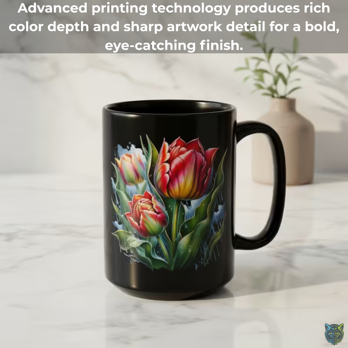 Tulip Coffee Mug Colorful Flower Design Black Ceramic 15oz Spring Floral Gift by Lair Gadgets