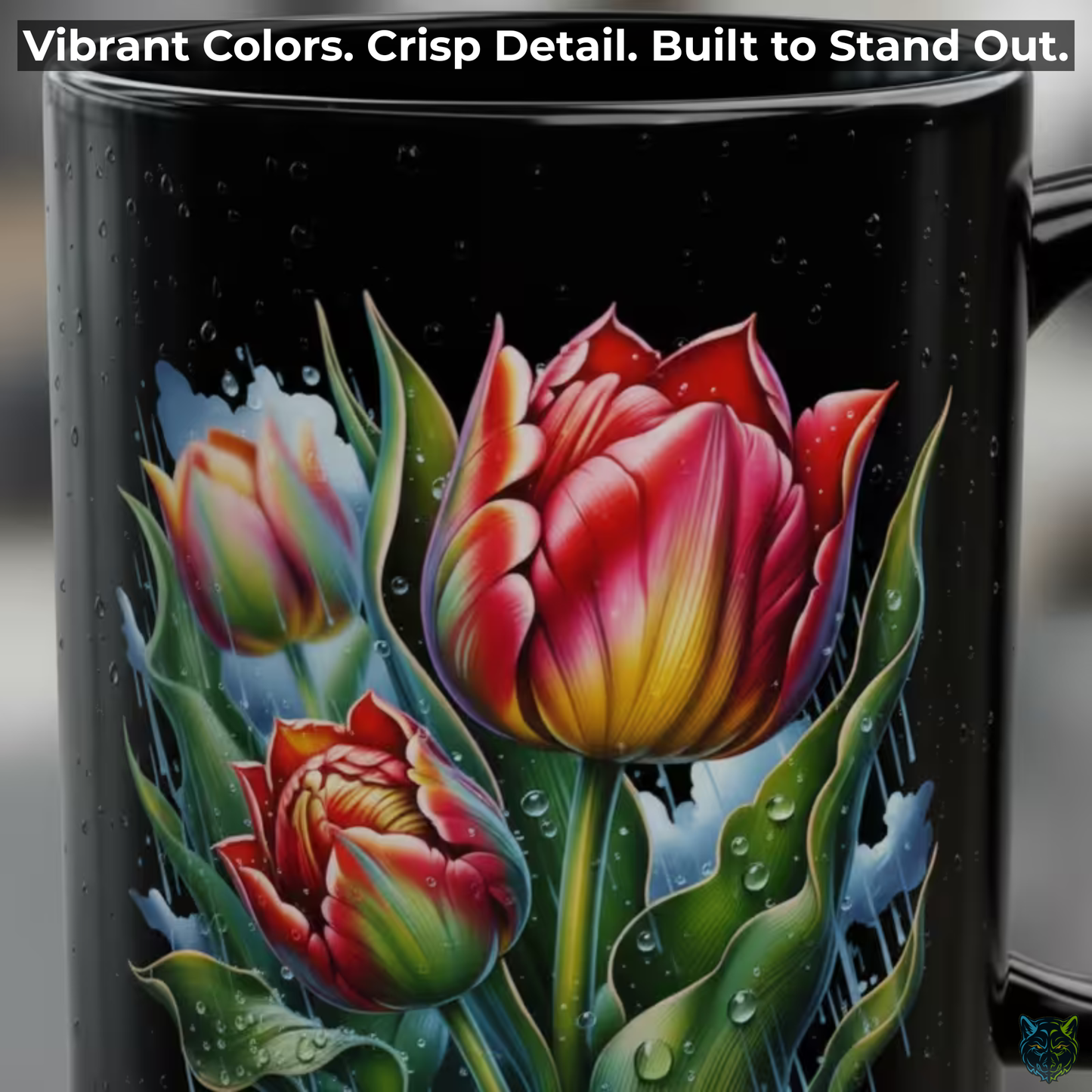 Tulip Coffee Mug Colorful Flower Design Black Ceramic 15oz Spring Floral Gift by Lair Gadgets