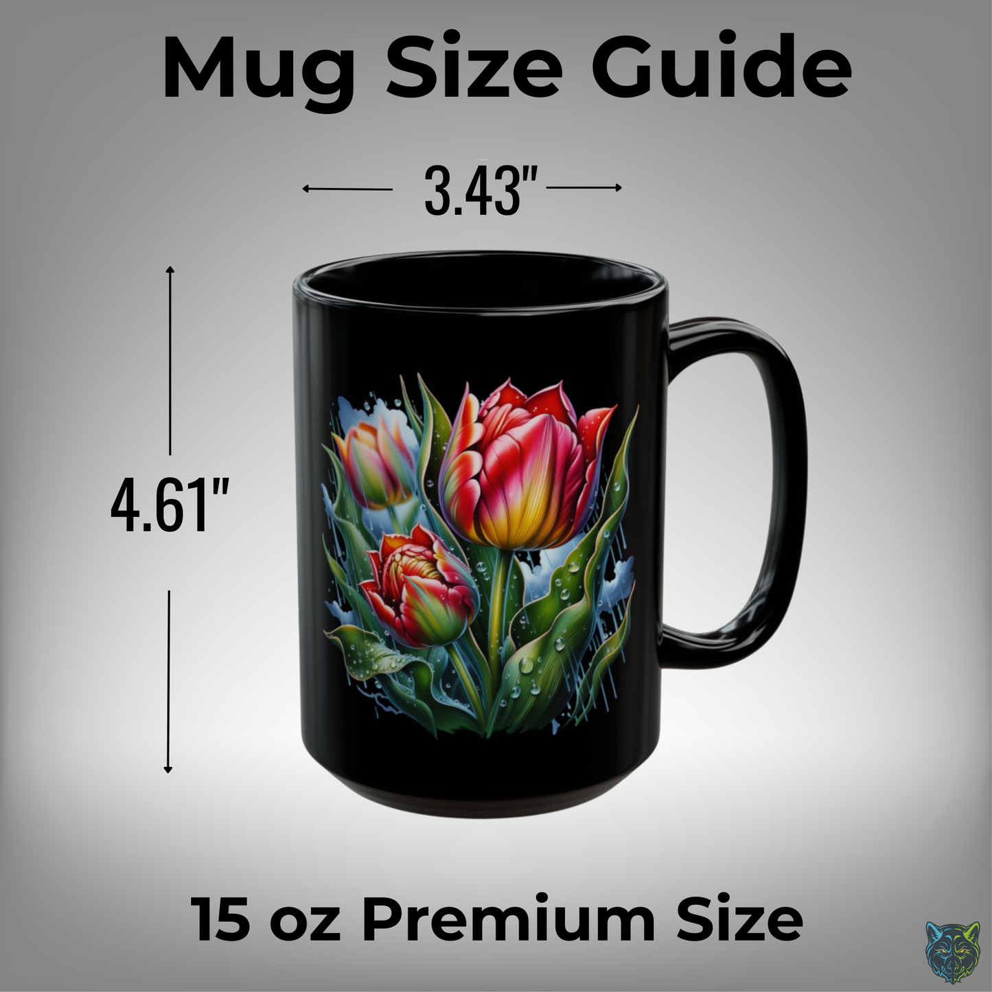 Tulip Coffee Mug Colorful Flower Design Black Ceramic 15oz Spring Floral Gift by Lair Gadgets