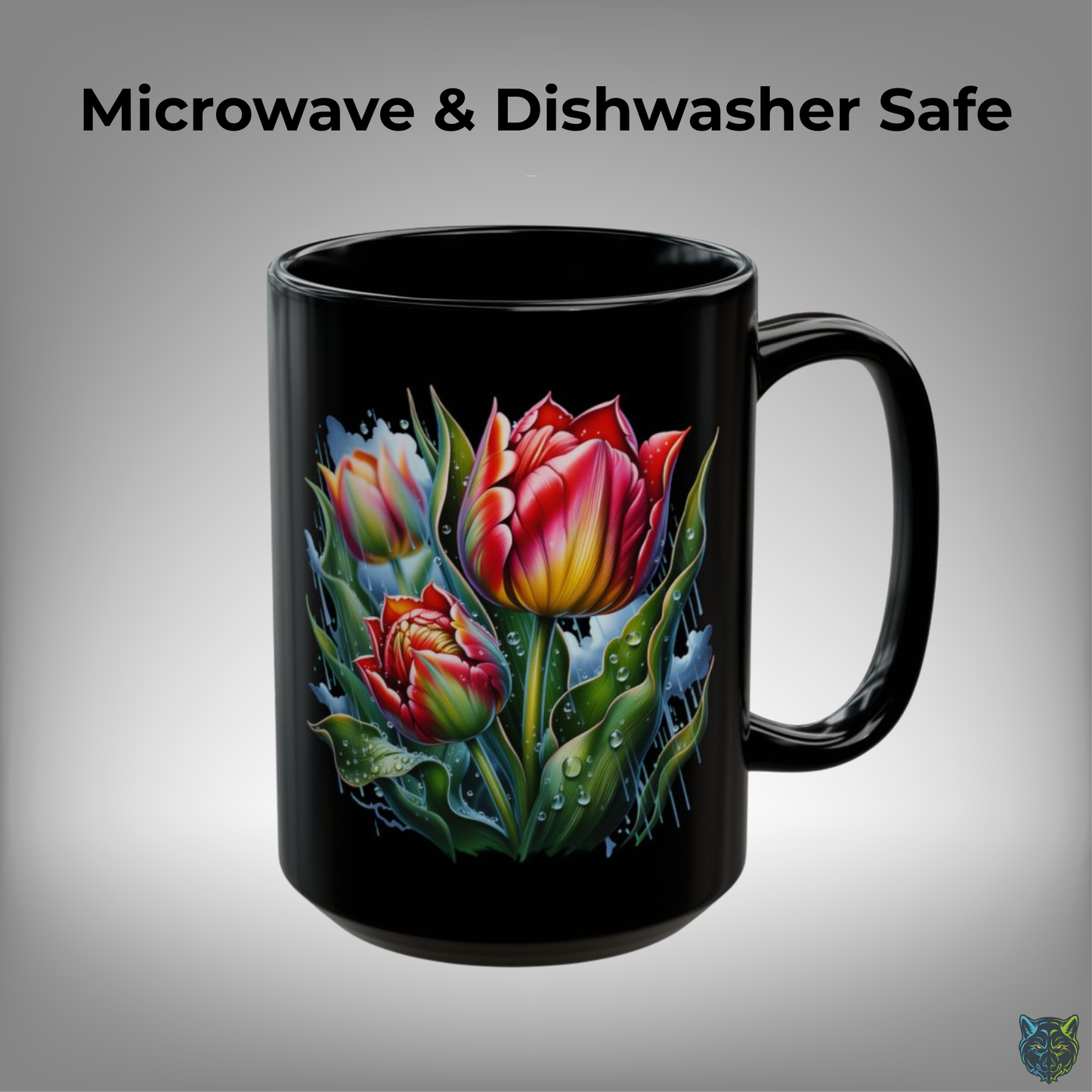 Tulip Coffee Mug Colorful Flower Design Black Ceramic 15oz Spring Floral Gift by Lair Gadgets