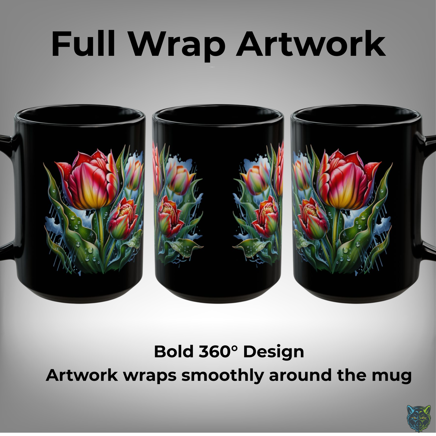 Tulip Coffee Mug Colorful Flower Design Black Ceramic 15oz Spring Floral Gift by Lair Gadgets
