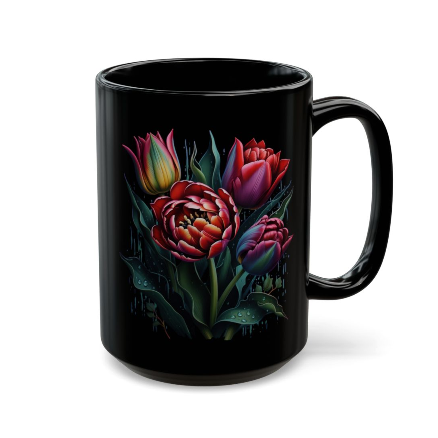 Tulip Coffee Mug Floral Bouquet Design Black Ceramic 15oz Spring Flower Gift by Lair Gadgets