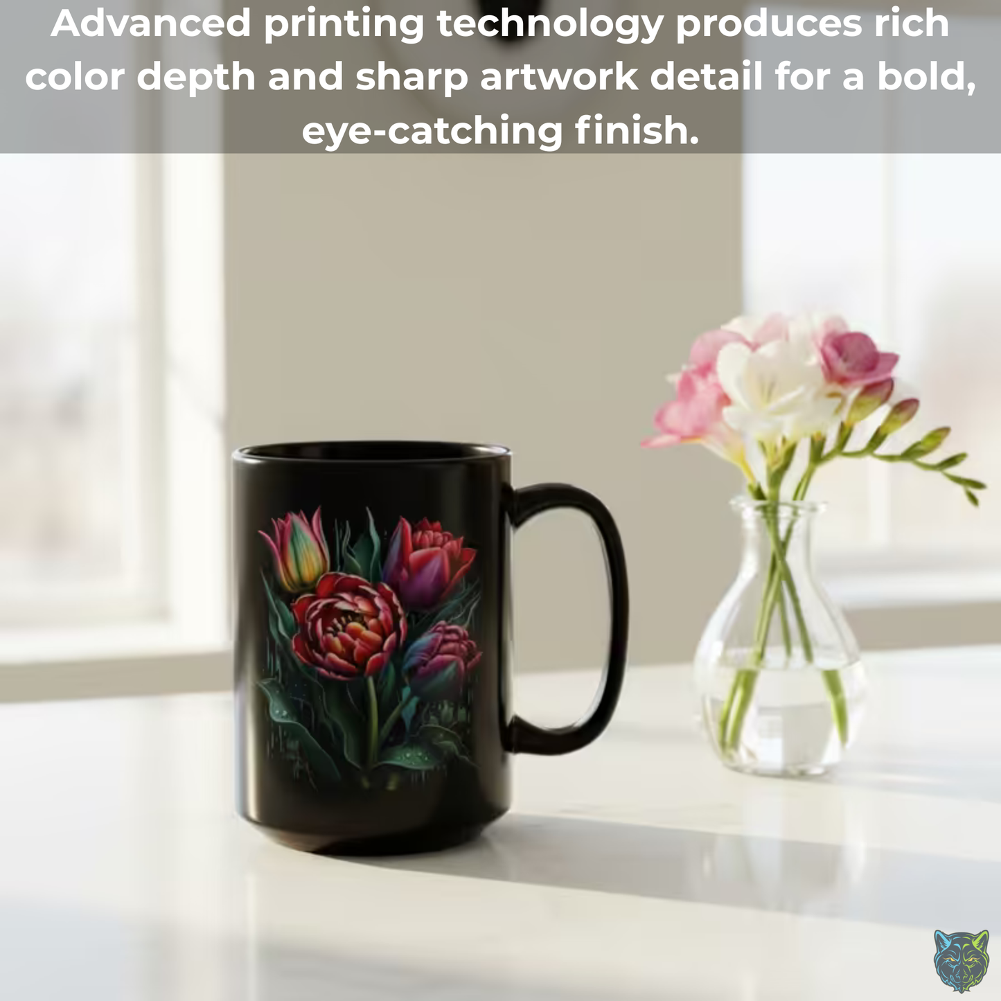 Tulip Coffee Mug Floral Bouquet Design Black Ceramic 15oz Spring Flower Gift by Lair Gadgets