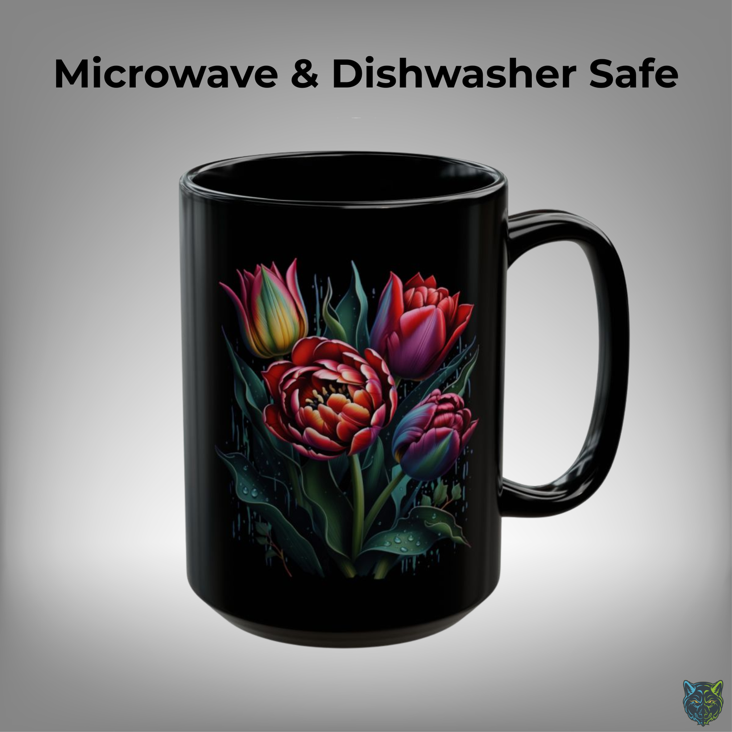 Tulip Coffee Mug Floral Bouquet Design Black Ceramic 15oz Spring Flower Gift by Lair Gadgets