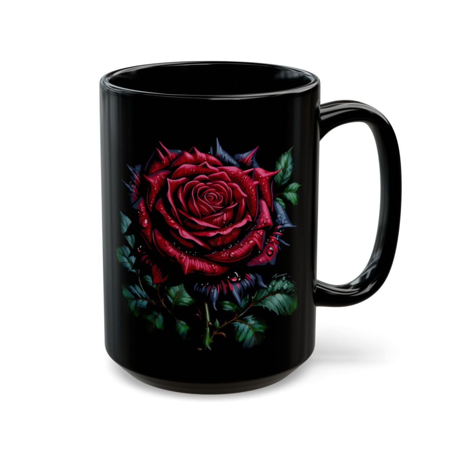 Rose Coffee Mug Red Flower Design Black Ceramic 15 Oz Romantic Gift by Lair Gadgets