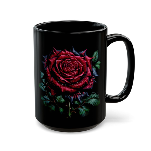 Rose Coffee Mug Red Flower Design Black Ceramic 15 Oz Romantic Gift by Lair Gadgets