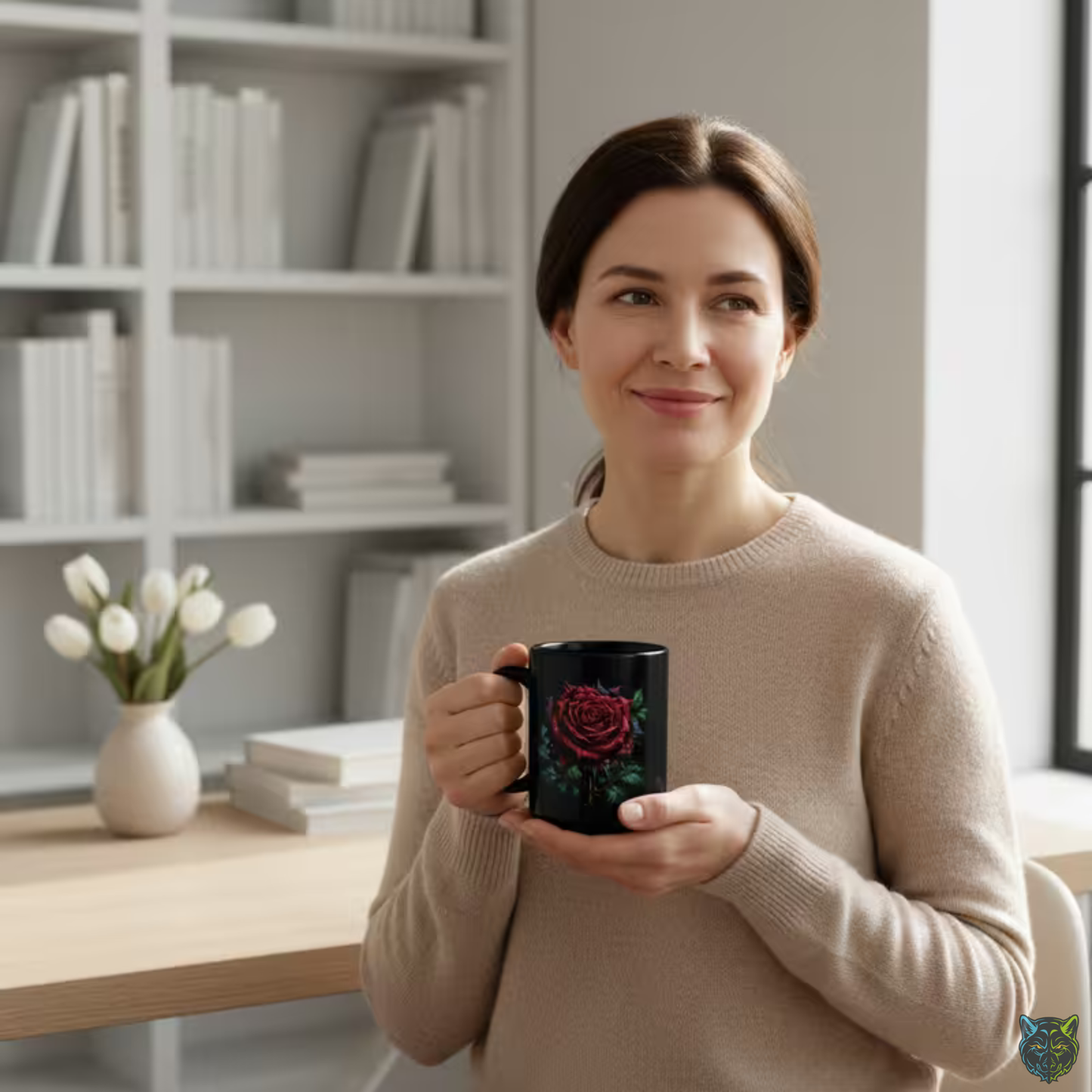 Rose Coffee Mug Red Flower Design Black Ceramic 15 Oz Romantic Gift by Lair Gadgets