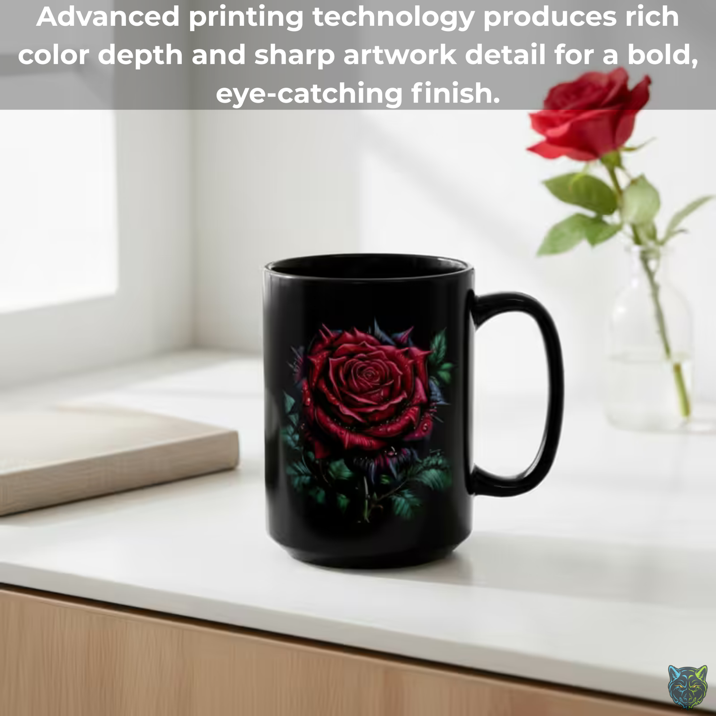 Rose Coffee Mug Red Flower Design Black Ceramic 15 Oz Romantic Gift by Lair Gadgets