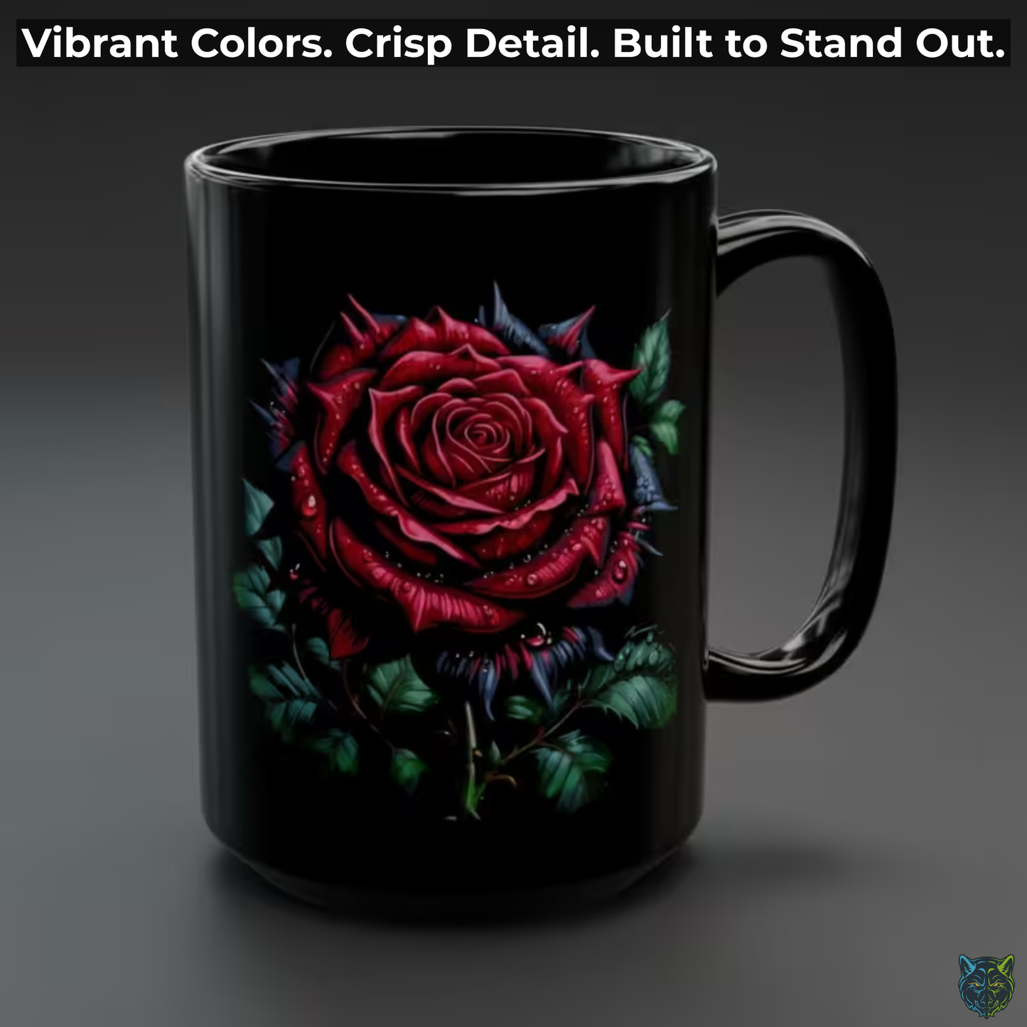 Rose Coffee Mug Red Flower Design Black Ceramic 15 Oz Romantic Gift by Lair Gadgets