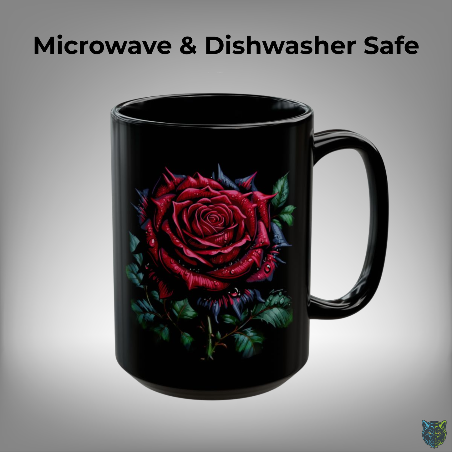 Rose Coffee Mug Red Flower Design Black Ceramic 15 Oz Romantic Gift by Lair Gadgets
