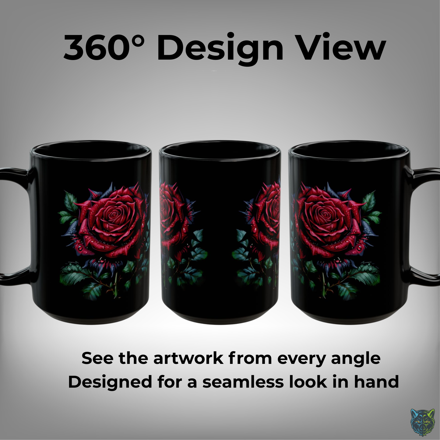 Rose Coffee Mug Red Flower Design Black Ceramic 15 Oz Romantic Gift by Lair Gadgets
