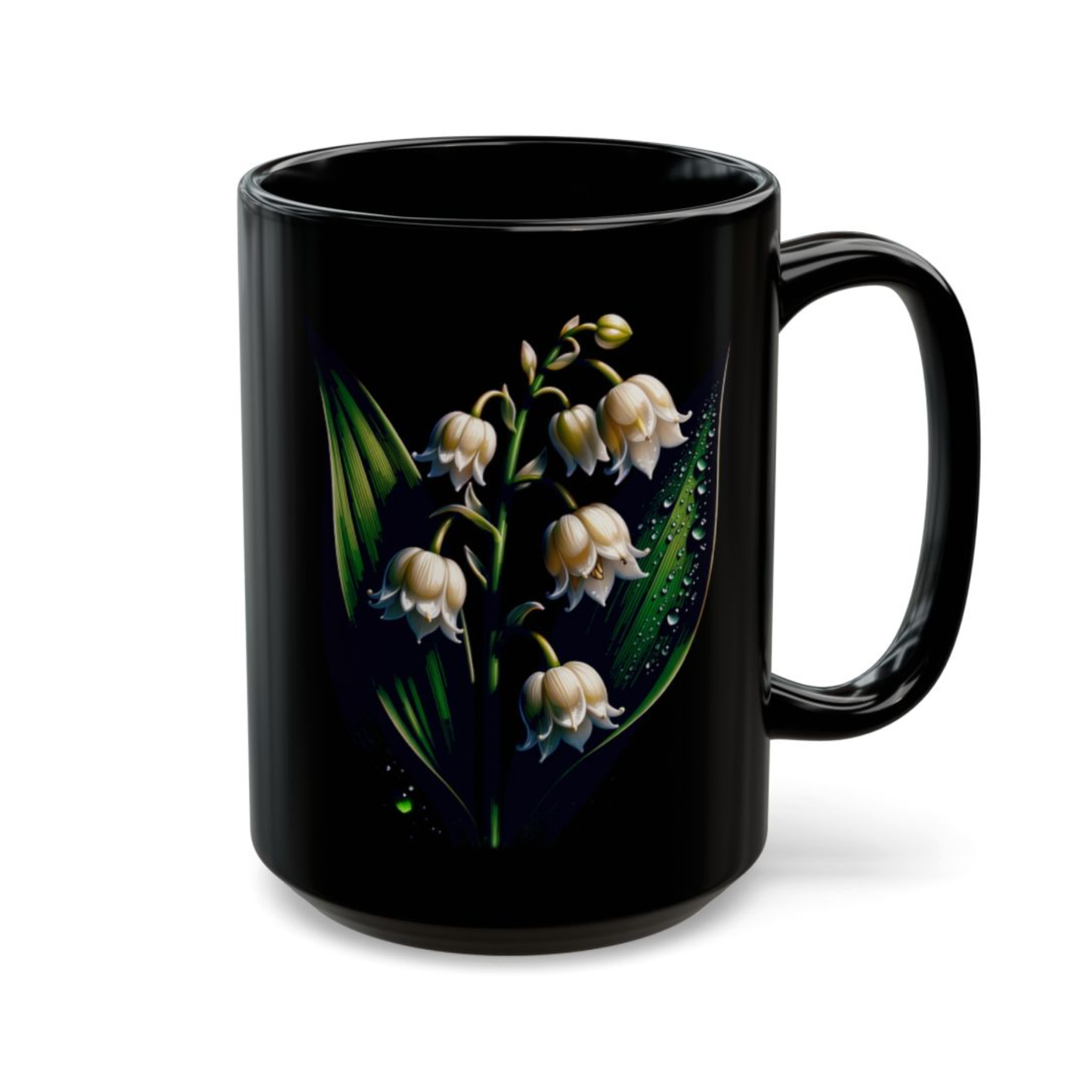 Lily Coffee Mug Lily of the Valley Design Black Ceramic 15 Oz Floral Gift by Lair Gadgets