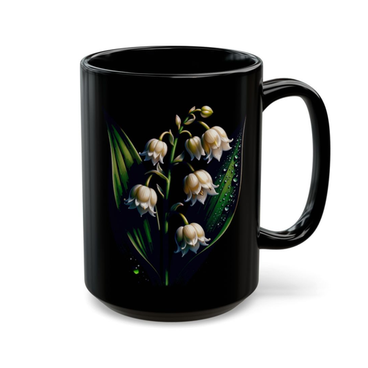 Lily Coffee Mug Lily of the Valley Design Black Ceramic 15 Oz Floral Gift by Lair Gadgets