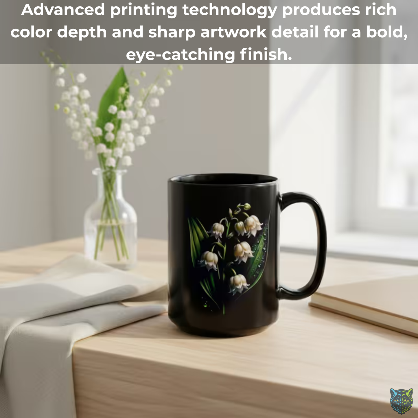 Lily Coffee Mug Lily of the Valley Design Black Ceramic 15 Oz Floral Gift by Lair Gadgets