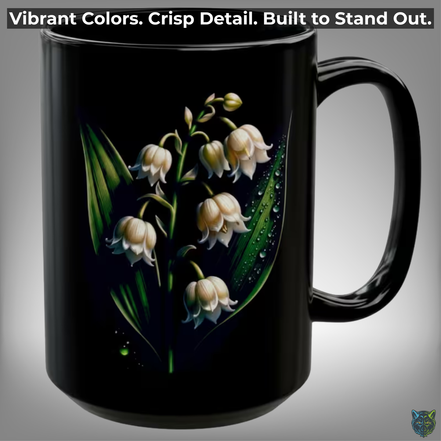 Lily Coffee Mug Lily of the Valley Design Black Ceramic 15 Oz Floral Gift by Lair Gadgets