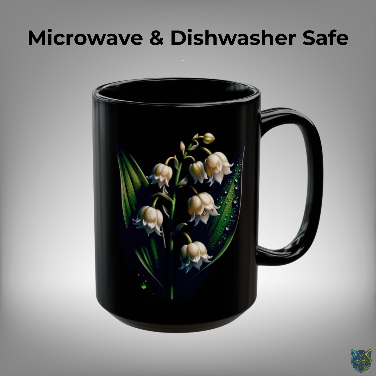 Lily Coffee Mug Lily of the Valley Design Black Ceramic 15 Oz Floral Gift by Lair Gadgets