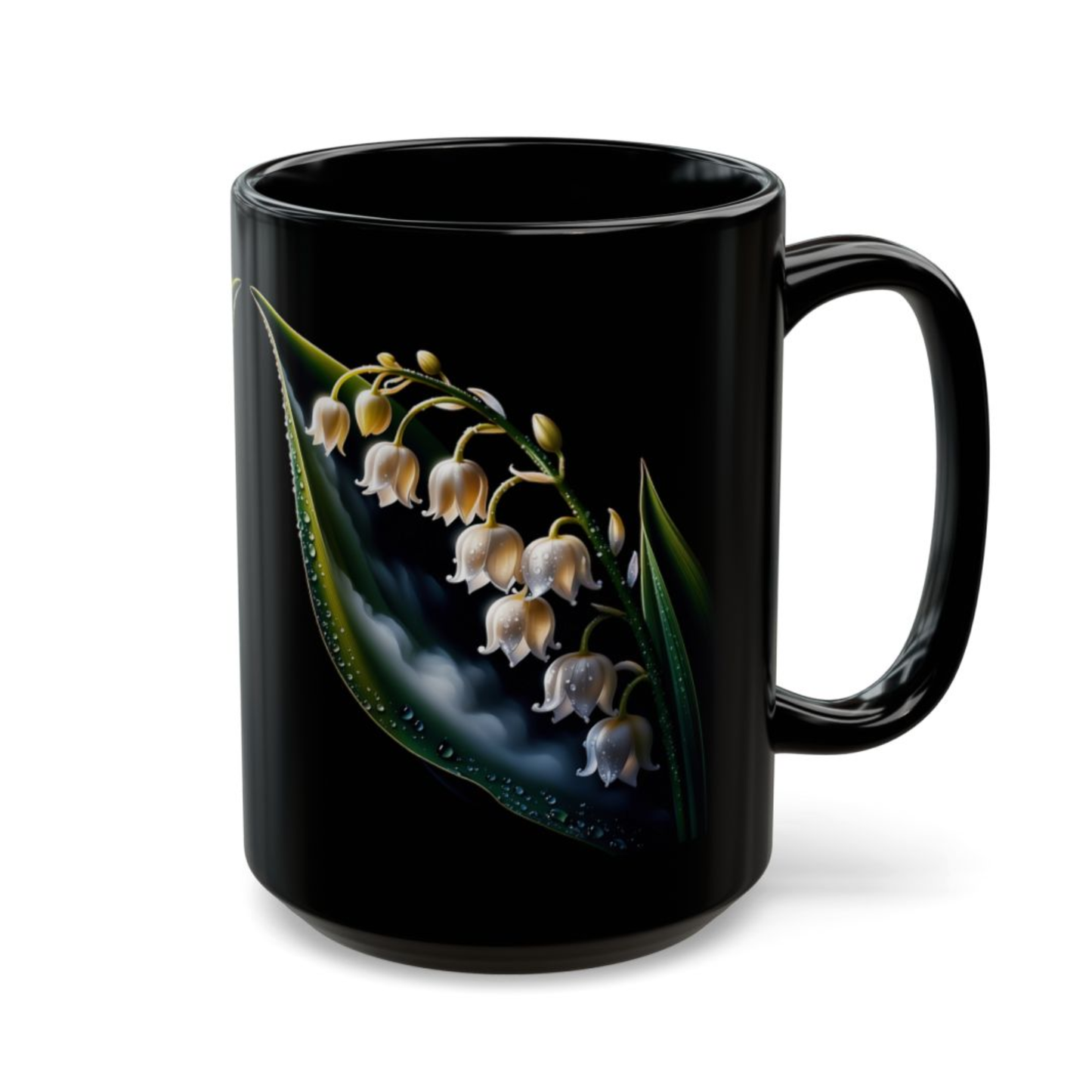 Lily Coffee Mug Lily of the Valley Dewdrop Design Black Ceramic 15 Oz Floral Gift by Lair Gadgets
