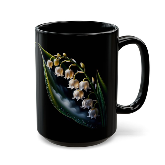 Lily Coffee Mug Lily of the Valley Dewdrop Design Black Ceramic 15 Oz Floral Gift by Lair Gadgets