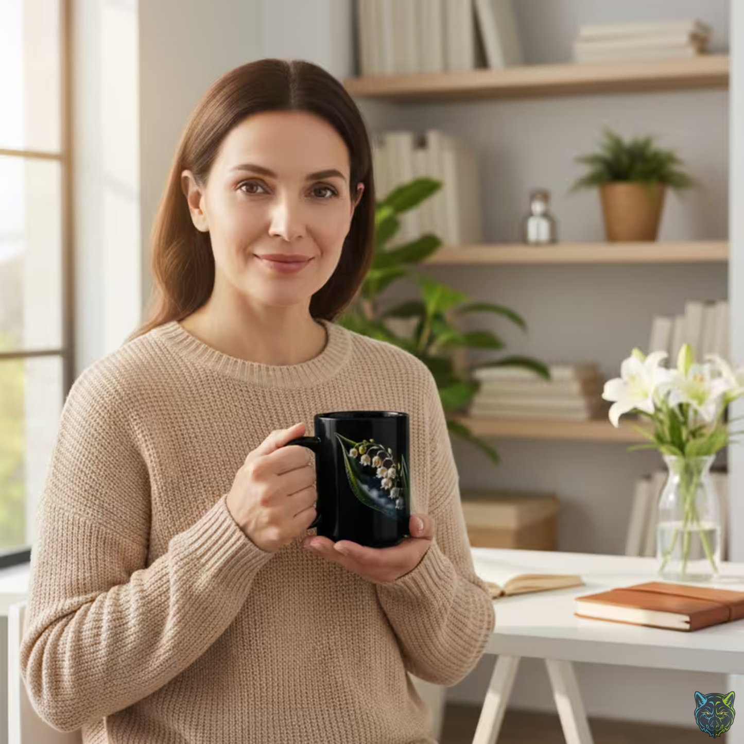 Lily Coffee Mug Lily of the Valley Dewdrop Design Black Ceramic 15 Oz Floral Gift by Lair Gadgets