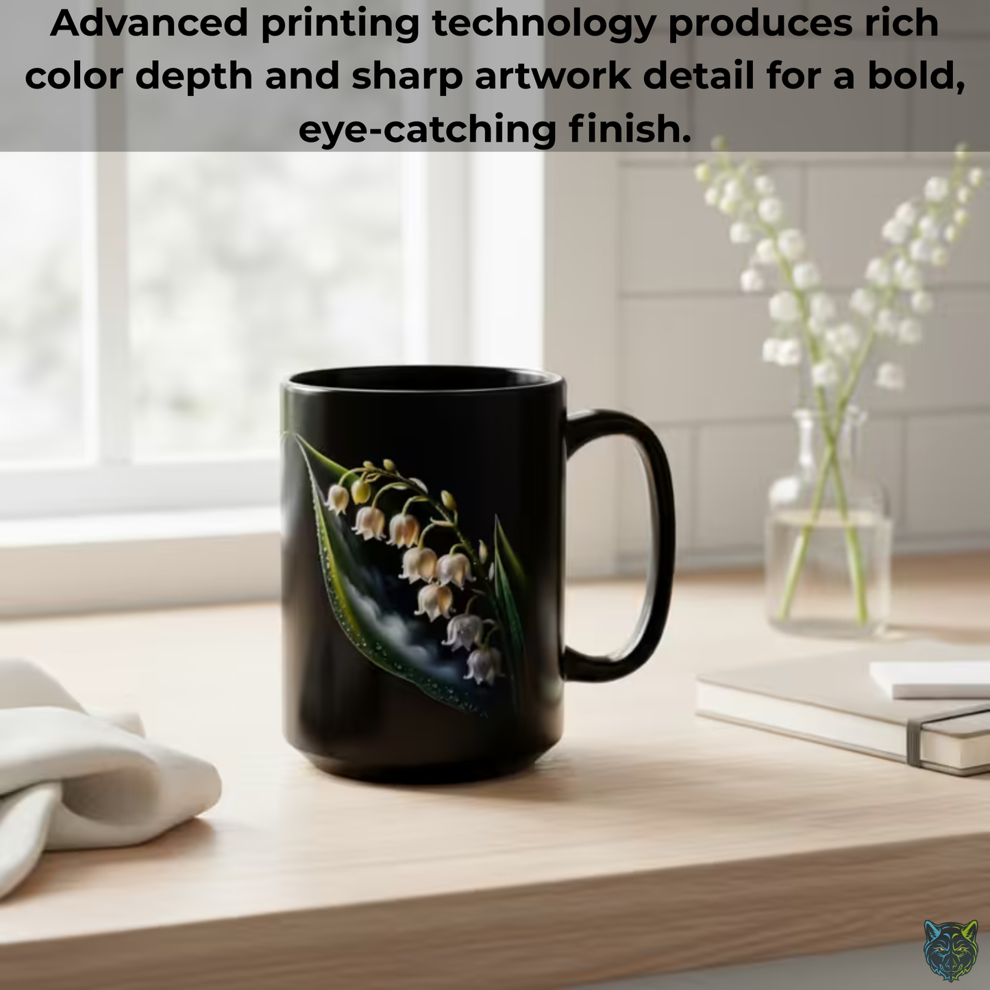 Lily Coffee Mug Lily of the Valley Dewdrop Design Black Ceramic 15 Oz Floral Gift by Lair Gadgets