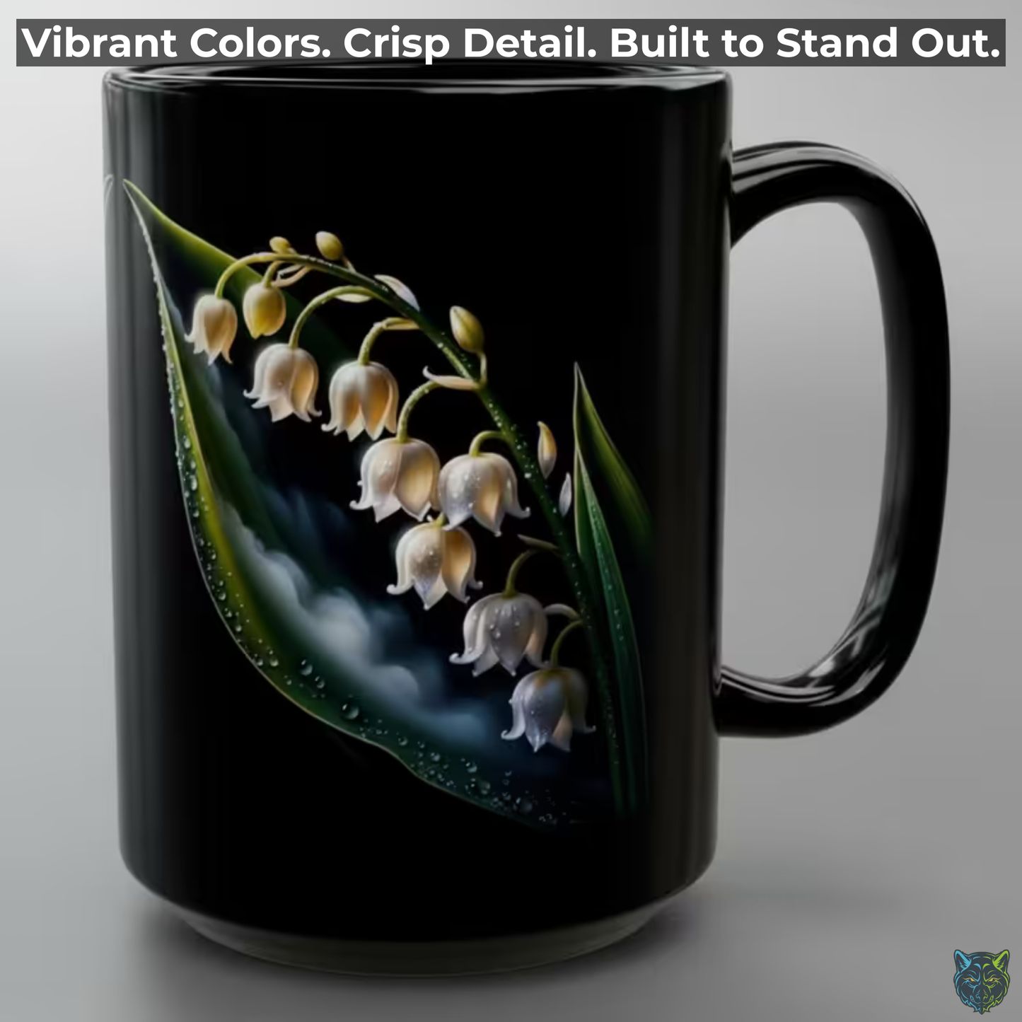Lily Coffee Mug Lily of the Valley Dewdrop Design Black Ceramic 15 Oz Floral Gift by Lair Gadgets