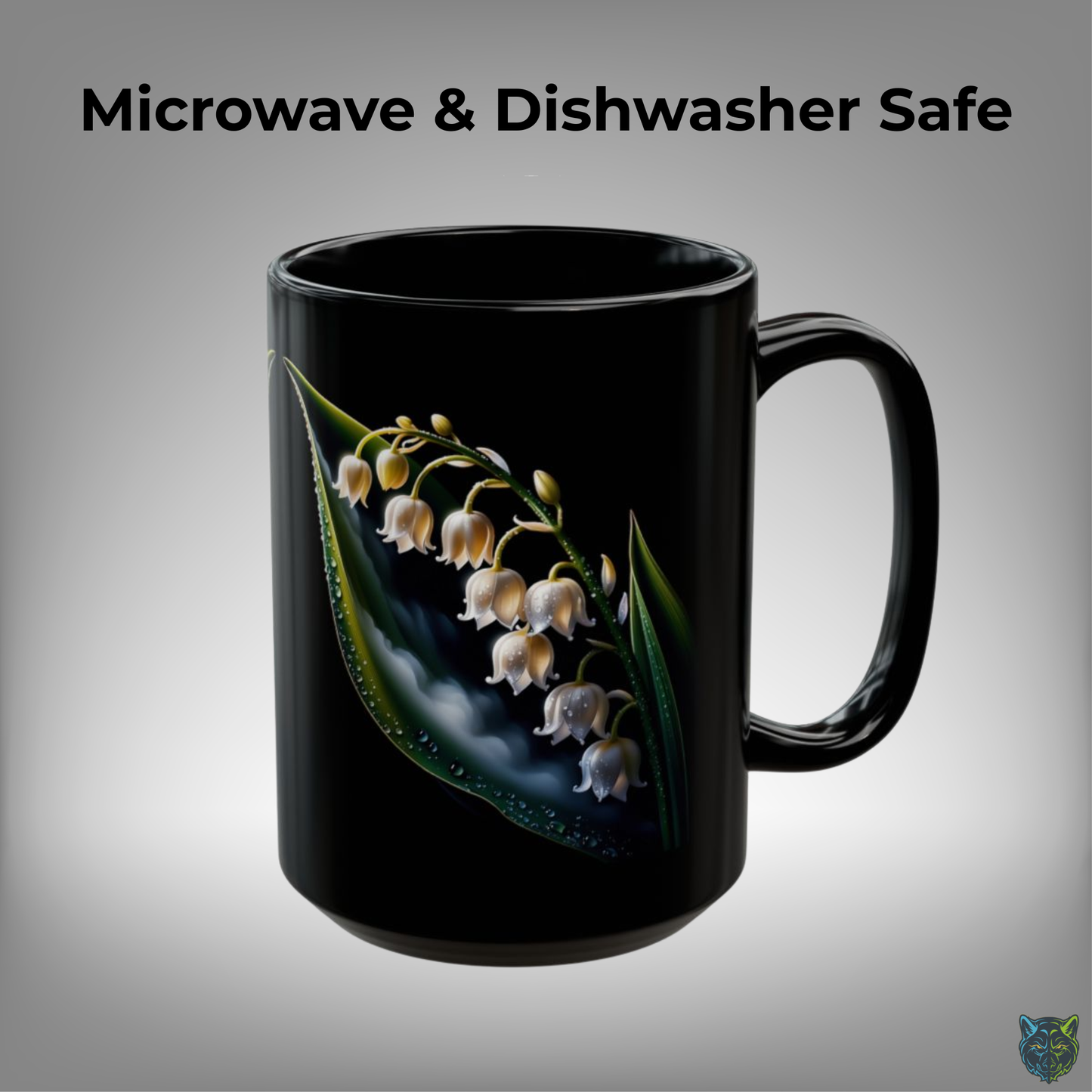 Lily Coffee Mug Lily of the Valley Dewdrop Design Black Ceramic 15 Oz Floral Gift by Lair Gadgets