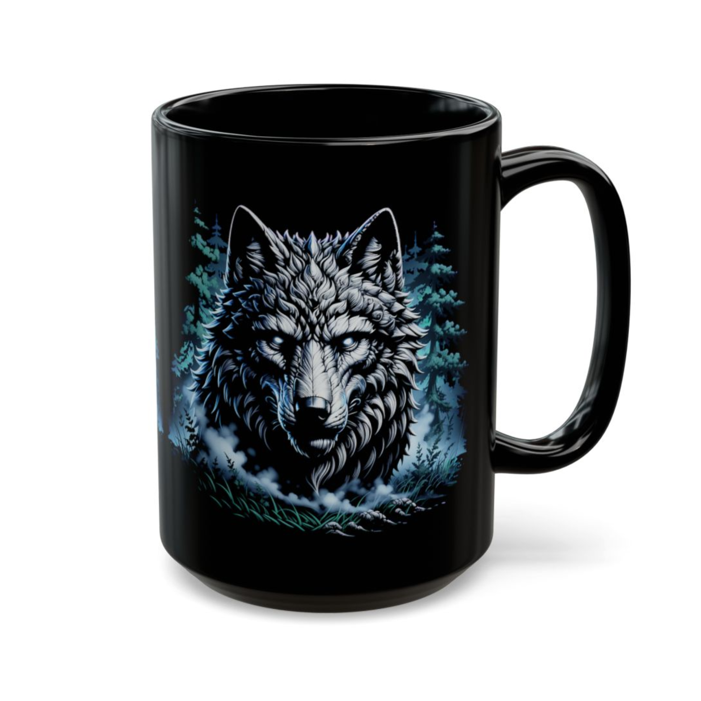 Wolf Coffee Mug Dark Forest Design Black Ceramic 15 Oz Wildlife Gift by Lair Gadgets