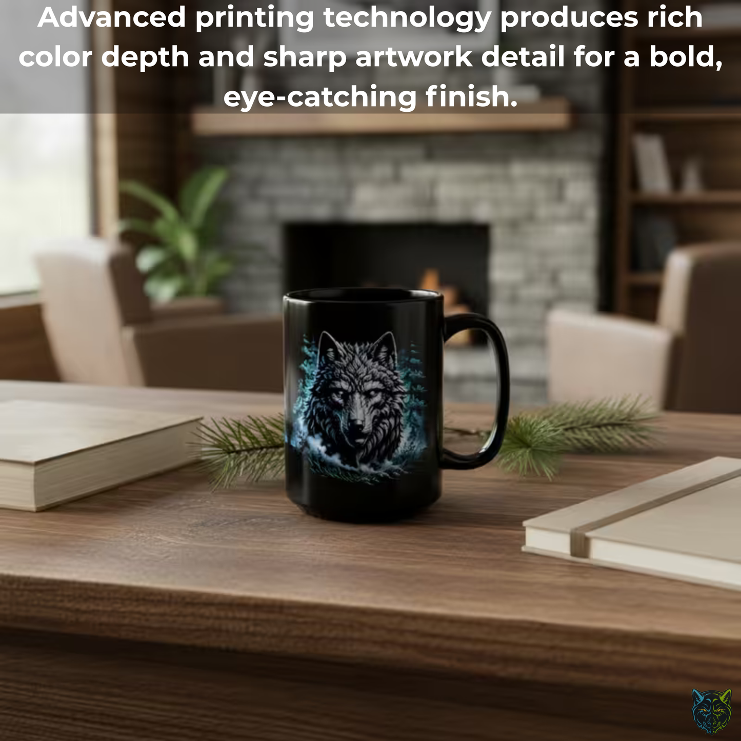 Wolf Coffee Mug Dark Forest Design Black Ceramic 15 Oz Wildlife Gift by Lair Gadgets