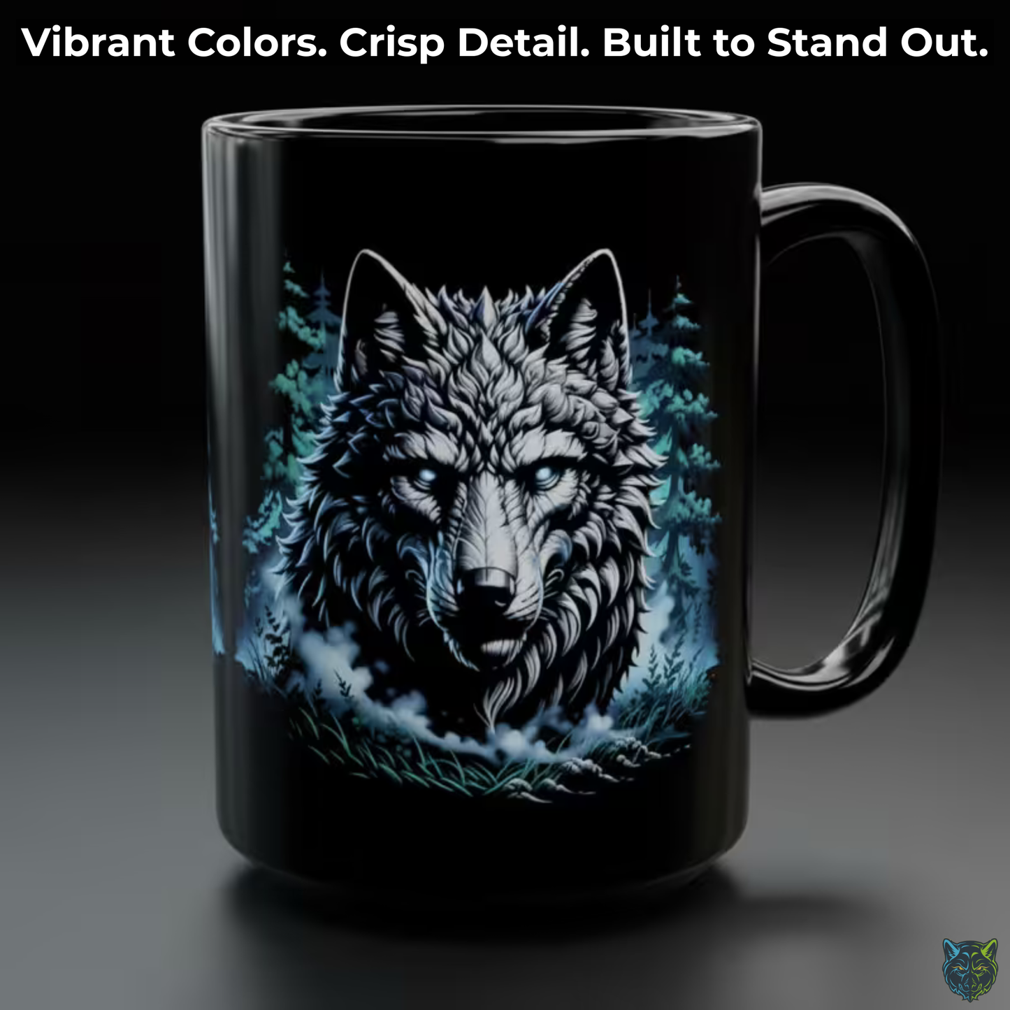 Wolf Coffee Mug Dark Forest Design Black Ceramic 15 Oz Wildlife Gift by Lair Gadgets