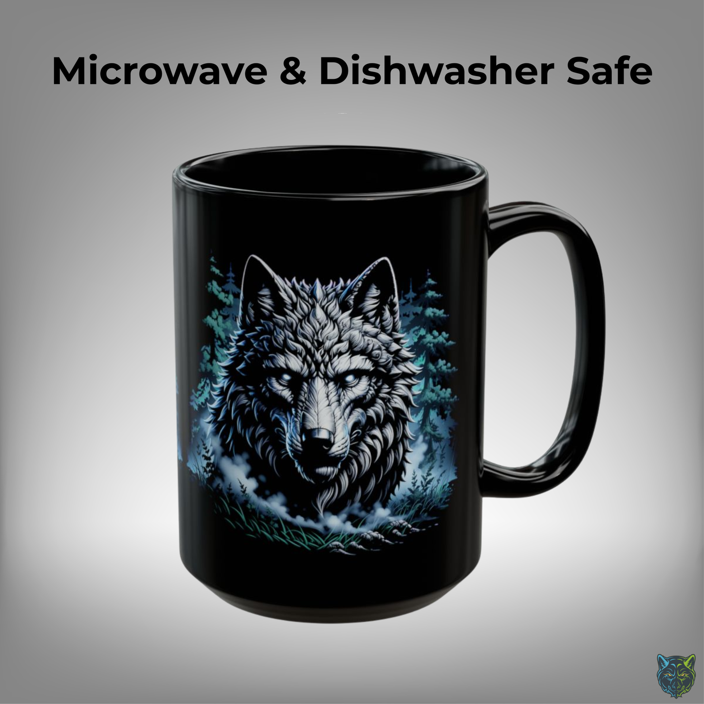 Wolf Coffee Mug Dark Forest Design Black Ceramic 15 Oz Wildlife Gift by Lair Gadgets