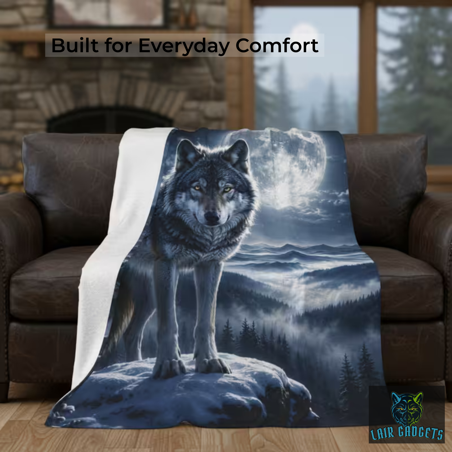 Wolf Plush Throw by Lair Gadgets – Moonlit Wildlife Decor for Couch Bed Sofa – Cozy Rustic Cabin Fleece Cover – Nature Mountain Design 60x80