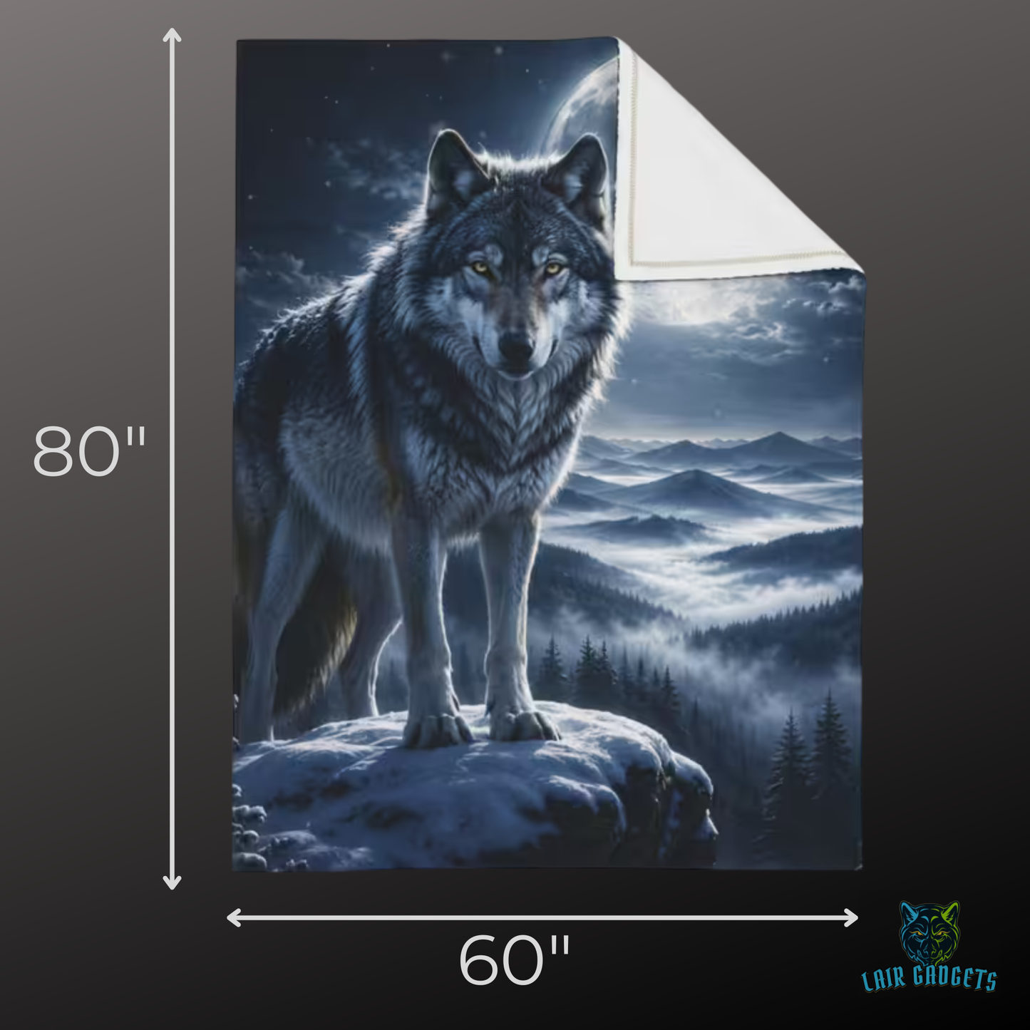 Wolf Plush Throw by Lair Gadgets – Moonlit Wildlife Decor for Couch Bed Sofa – Cozy Rustic Cabin Fleece Cover – Nature Mountain Design 60x80