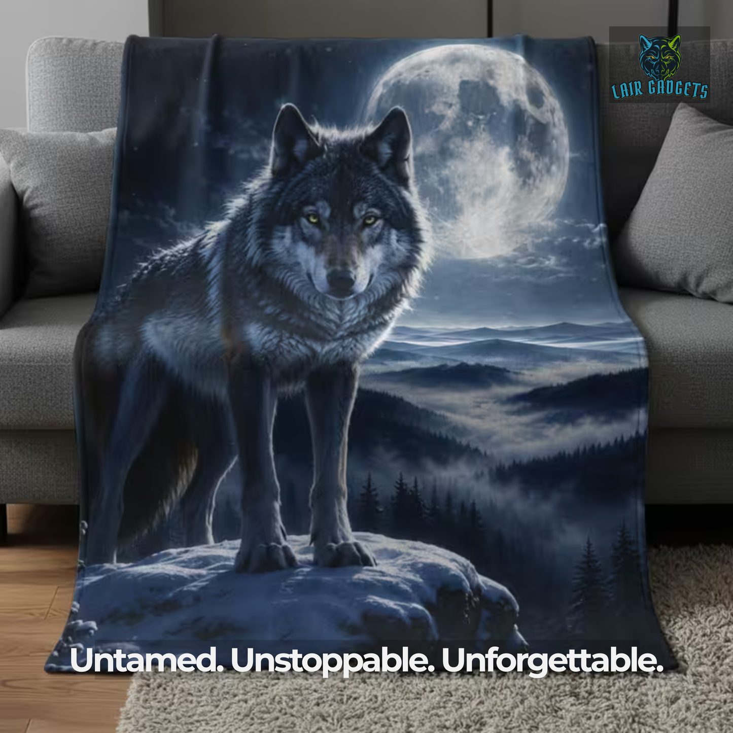 Wolf Plush Throw by Lair Gadgets – Moonlit Wildlife Decor for Couch Bed Sofa – Cozy Rustic Cabin Fleece Cover – Nature Mountain Design 60x80