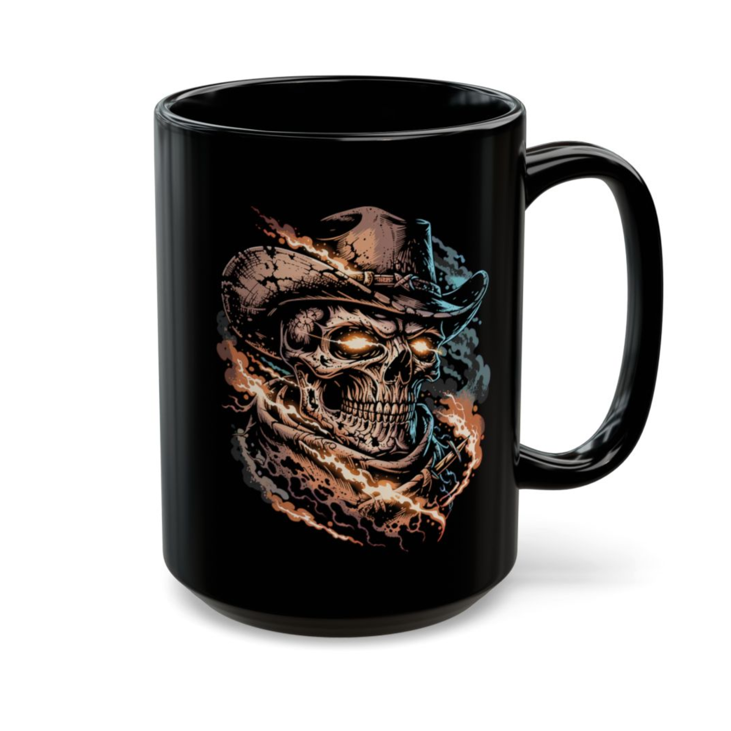 Cowboy Skull Coffee Mug – Outlaw Revenant Western Skeleton Ceramic Mug – 15oz Black Coffee Cup for Gothic Western Decor – by Lair Gadgets