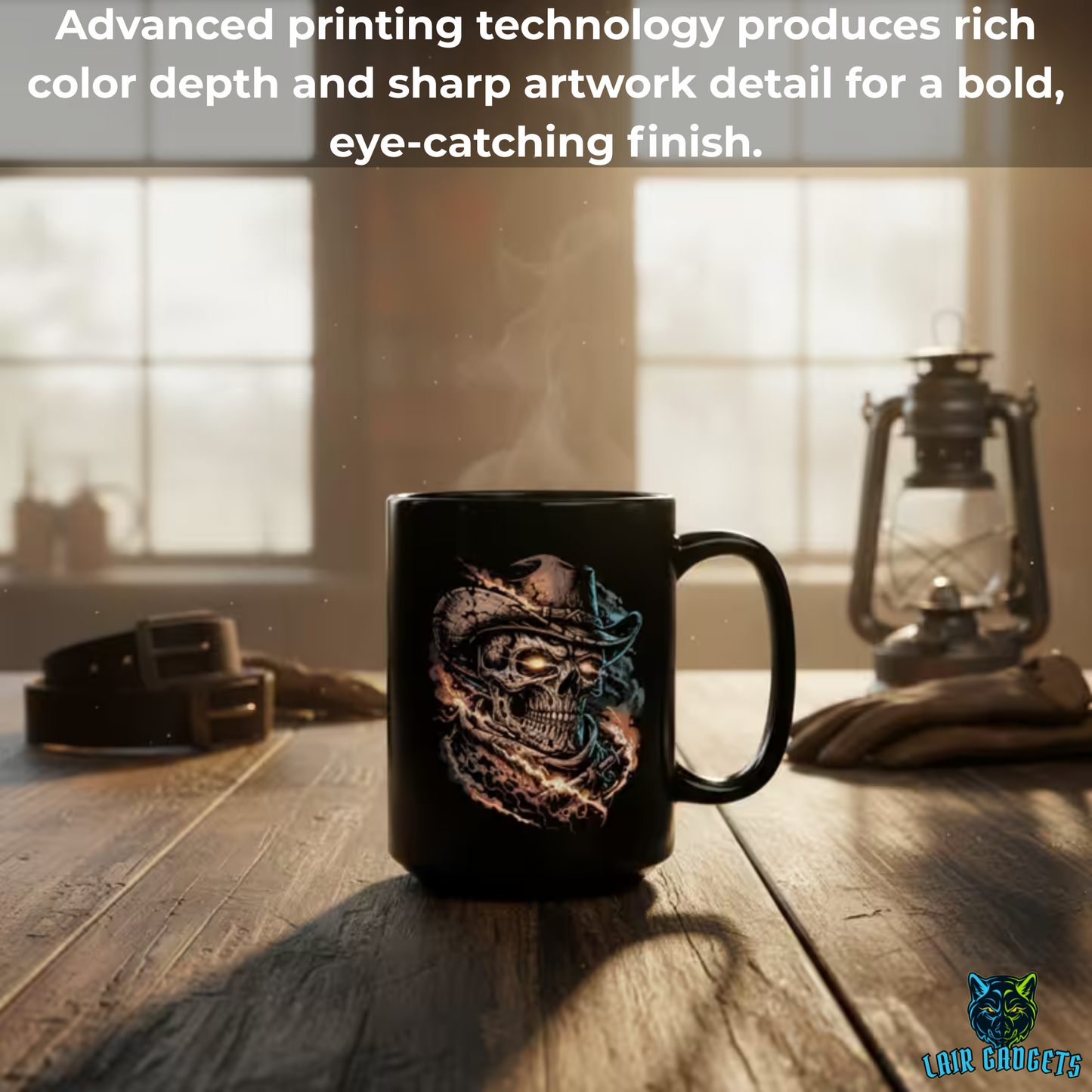 Cowboy Skull Coffee Mug – Outlaw Revenant Western Skeleton Ceramic Mug – 15oz Black Coffee Cup for Gothic Western Decor – by Lair Gadgets