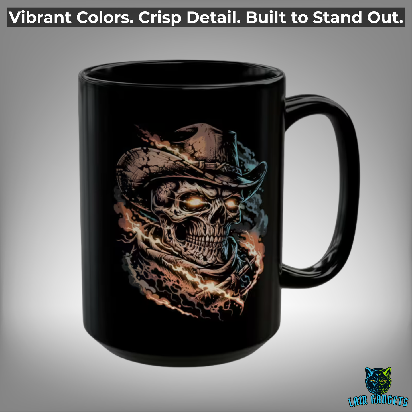 Cowboy Skull Coffee Mug – Outlaw Revenant Western Skeleton Ceramic Mug – 15oz Black Coffee Cup for Gothic Western Decor – by Lair Gadgets