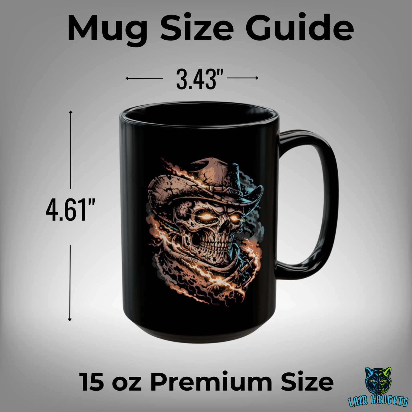 Cowboy Skull Coffee Mug – Outlaw Revenant Western Skeleton Ceramic Mug – 15oz Black Coffee Cup for Gothic Western Decor – by Lair Gadgets