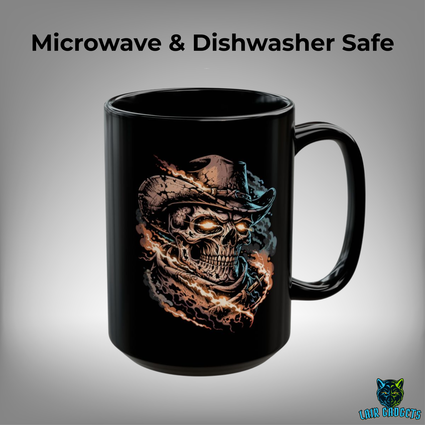 Cowboy Skull Coffee Mug – Outlaw Revenant Western Skeleton Ceramic Mug – 15oz Black Coffee Cup for Gothic Western Decor – by Lair Gadgets