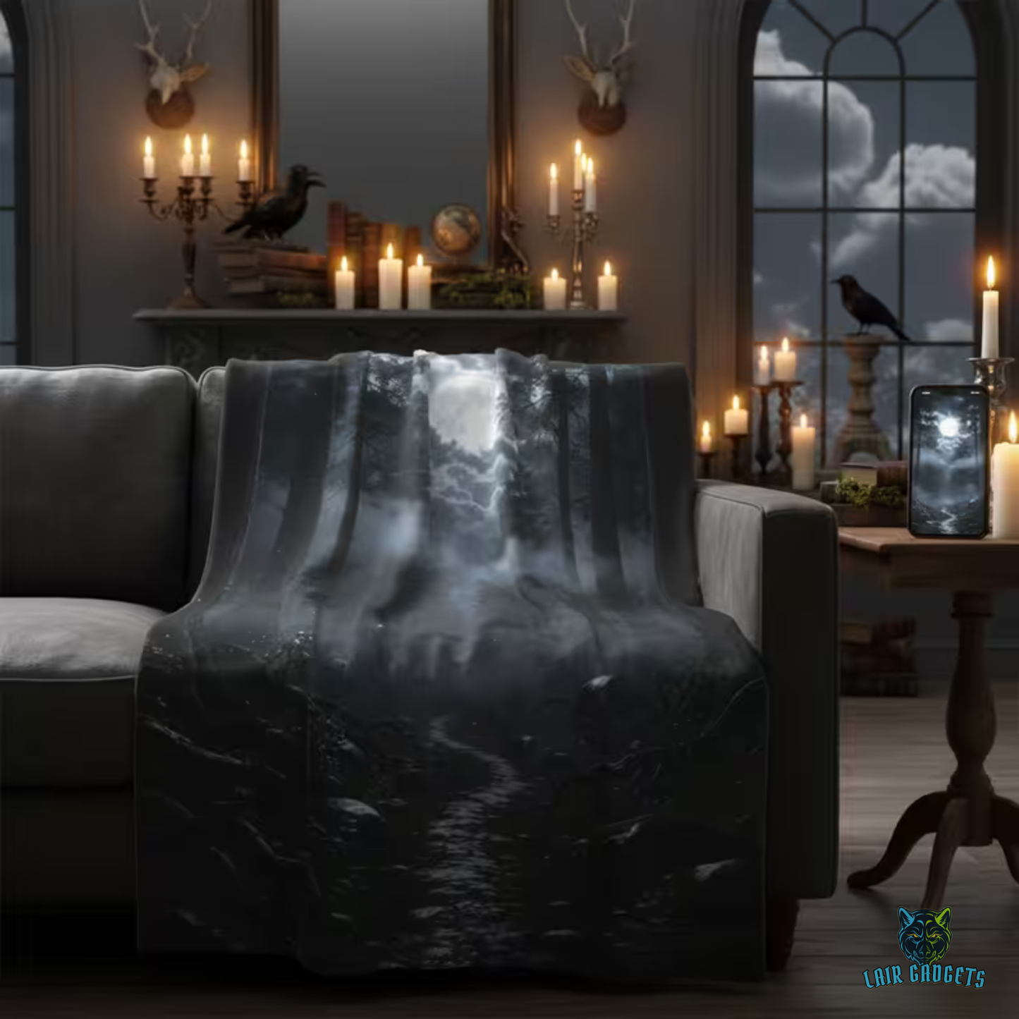 Moon Forest Throw Blanket 60x80 – Gothic Woodland Plush Blanket for Couch Bed Sofa – Dark Academia Moonlight Decor – Moonlit Whisper Path by Lair Gadgets