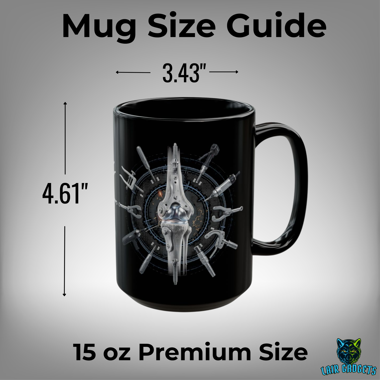 Orthopedic Surgeon Mug Knee Joint Design Black Ceramic 15 Oz Medical Gift by Lair Gadgets