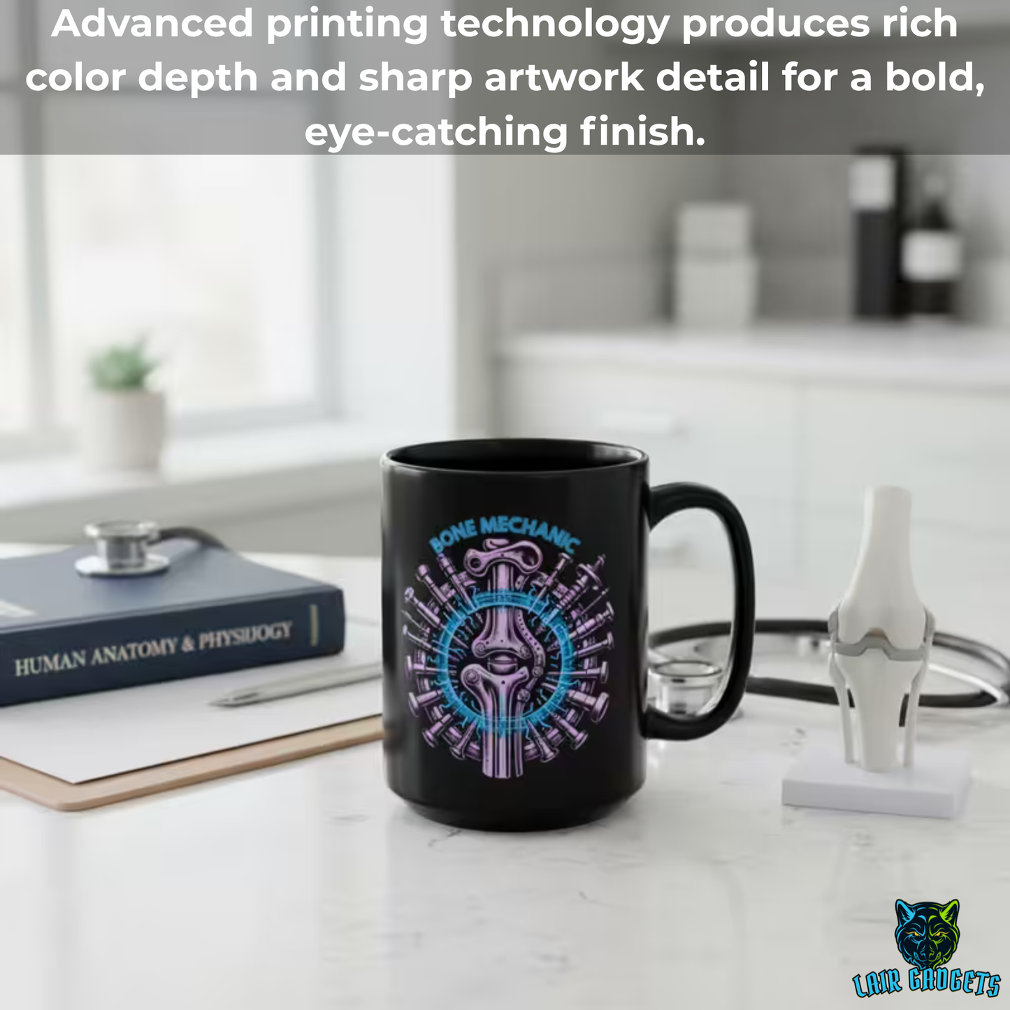 Orthopedic Surgeon Mug Bone Mechanic Design Black Ceramic 15 Oz Medical Gift by Lair Gadgets