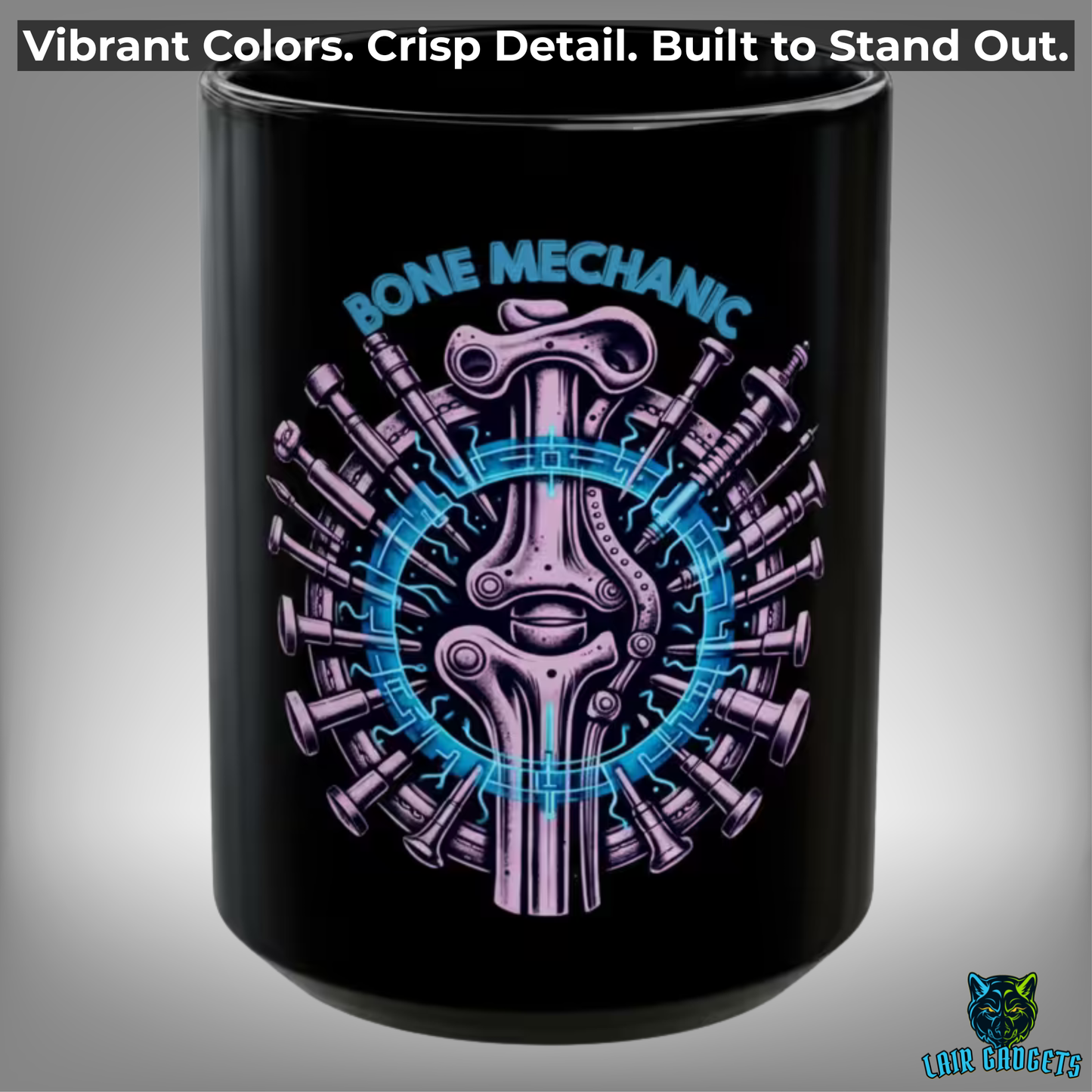Orthopedic Surgeon Mug Bone Mechanic Design Black Ceramic 15 Oz Medical Gift by Lair Gadgets